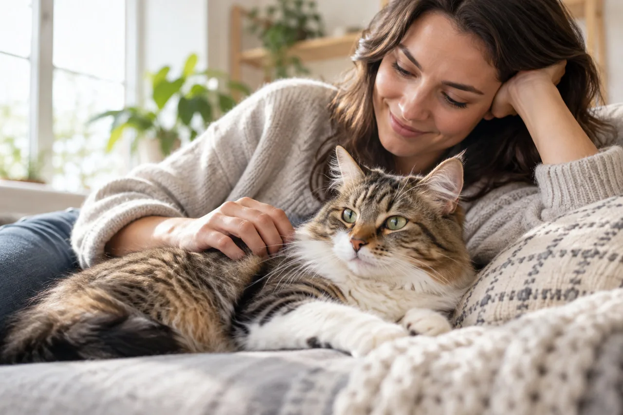 Owner resting with a tabby cat on a sofa